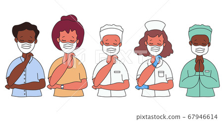 People and doctors in medical masks and gloves with eyes closed. Dark skin, ethnicity. Mask for the prevention of diseases, protection against COVID-19. Vector People and doctors in medical masks and gloves with eyes closed. Dark skin, ethnicity. Mask for the prevention of diseases, protection against COVID-19. Vector 67946614