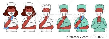 Surgeon, doctor and nurse in medical green and white clothes with ethnicity with dark skin. They have the means of protection against viruses - a mask, glasses and gloves. The doctor crossed his arms 67946635