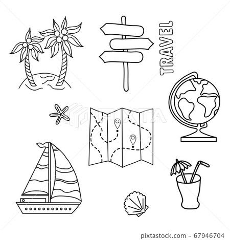 Illustration for lifestyle design. Travel set of doodles. Outline symbol collection. Globe, cockleshell, navigation, cocktail. Vector illustration 67946704