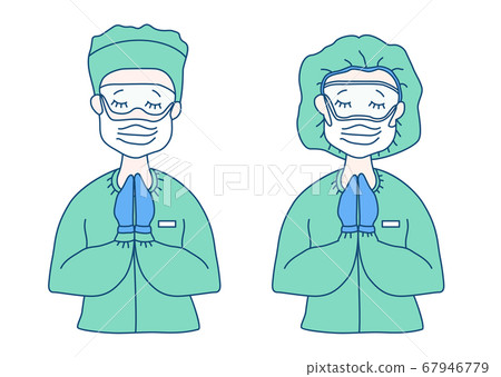 Surgeon and doctor in medical green overalls - mask, glasses, hat, gloves. They crossed their arms, closed their eyes and prayed. Medicine and saving people from the virus and pandemic. Vector drawing 67946779