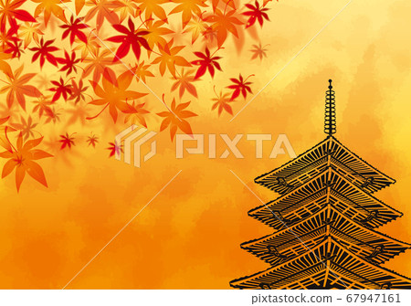 秋天的落葉和五層寶塔背景素材 67947161