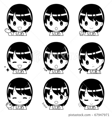 Illustration material (Cartoon style) Stethoscope Icon set of facial expressions of a black-haired woman in a white coat Illustration material (Cartoon style) Stethoscope Icon set of facial expressions of a black-haired woman in a white coat 67947971