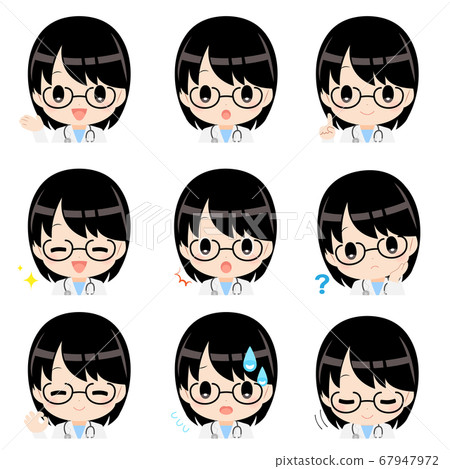 Illustration material (no main line) Stethoscope Icon set of facial expression of black-haired woman in white coat Illustration material (no main line) Stethoscope Icon set of facial expression of black-haired woman in white coat 67947972