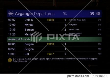 Norway Norwegian Railways Bergen Line Vos Station train operation display showing delays Norway Norwegian Railways Bergen Line Vos Station train operation display showing delays 67948682