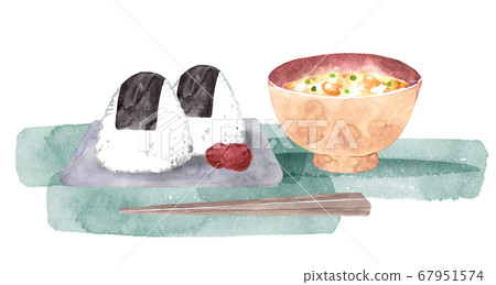 Watercolor painting of rice balls and miso soup Watercolor painting of rice balls and miso soup 67951574