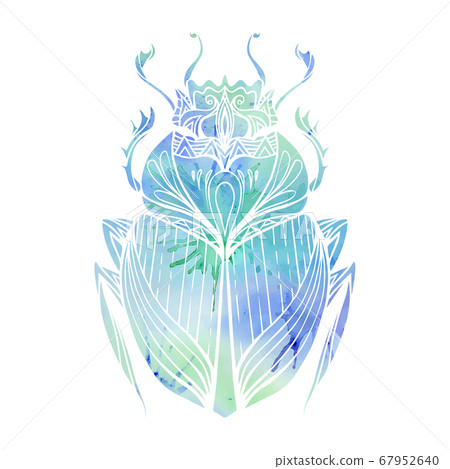 Hand drawn vintage scarab with blue watercolor background. Insect with doodle pattern. Vector element for tattoo sketch, printing on T-shirts, postcards and your design 67952640