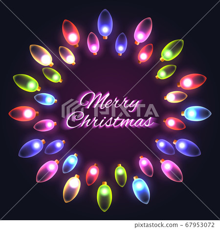 Festive double round frame of colorful garlands, sequins and congratulations. Vector element 67953072