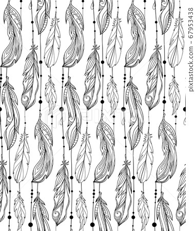 Seamless black and white pattern of hand drawn feathers with boho pattern. Tribal doodle background. Vector element Seamless black and white pattern of hand drawn feathers with boho pattern. Tribal doodle background. Vector element 67953438