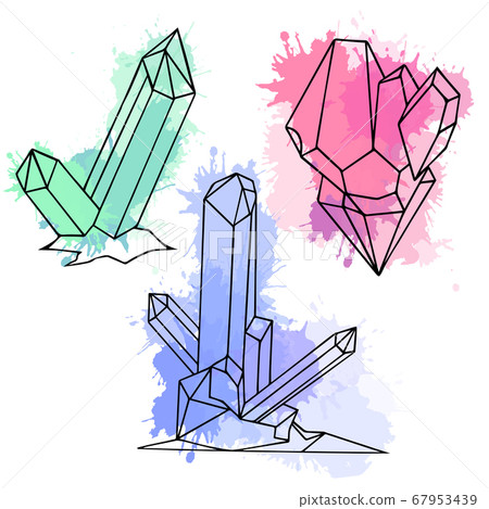 Set of various cartoon crystals with watercolor splashes. Vector elements Set of various cartoon crystals with watercolor splashes. Vector elements 67953439