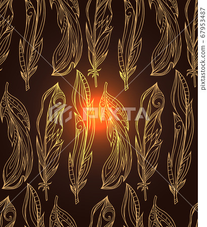 Seamless pattern of gold hand drawn feathers with boho pattern. Tribal doodle background. Vector element 67953487