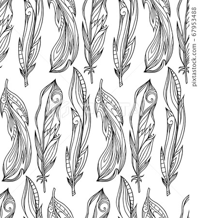 Seamless pattern of hand drawn feathers with boho pattern. Tribal doodle background. Vector element Seamless pattern of hand drawn feathers with boho pattern. Tribal doodle background. Vector element 67953488