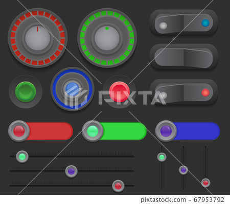 Big set of switches, buttons, sliders on a dark background. Vector element 67953792