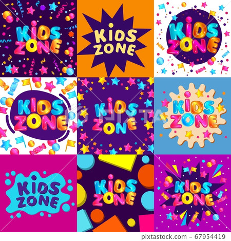 Set of bright banners and templates for kids zone of game room or playground. 67954419