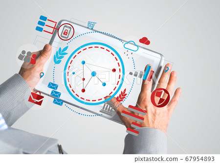 Hands of businessman holding tablet pc with social connection concept Hands of businessman holding tablet pc with social connection concept 67954893