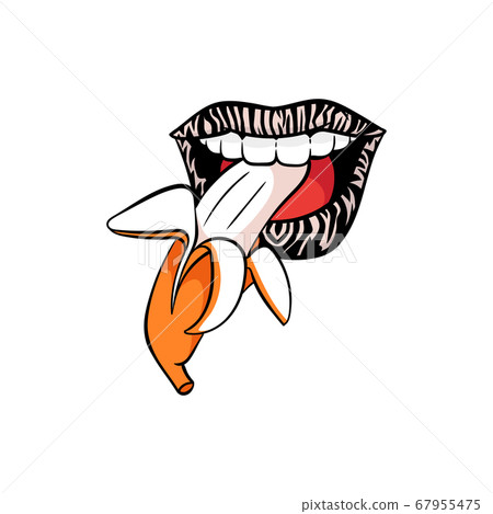 Mouth with zebra print lipstick biting a banana - isolated pop art sticker 67955475