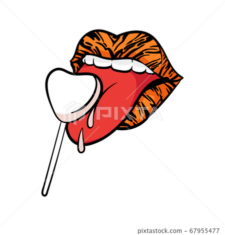 Orange lips with tiger stripes licking heart shaped lollipop 67955477