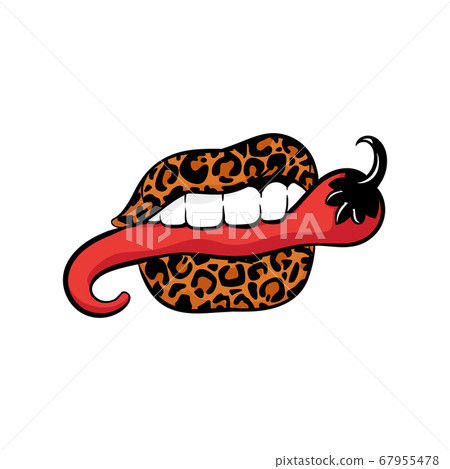 Leopard skin colored womens lips with red pepper, vector illustration isolated. Leopard skin colored womens lips with red pepper, vector illustration isolated. 67955478