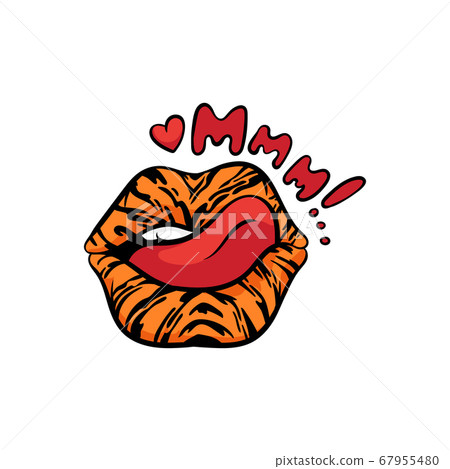 Fashion sticker print - women lips and lettering, vector illustration isolated. 67955480