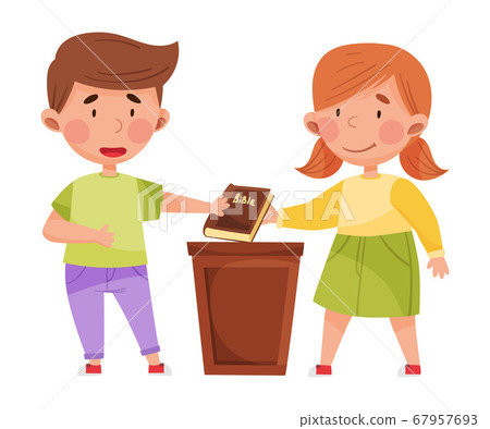 Cute Boy and Girl Characters Giving Oath with Bible Vector Illustration 67957693