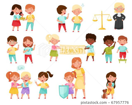 Little Kid Characters Playing Fair and Honestly Vector Illustration Set 67957776