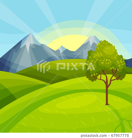 Green Landscape with Mountain Peaks, Grassy Hills and Clear Sky Vector Illustration Green Landscape with Mountain Peaks, Grassy Hills and Clear Sky Vector Illustration 67957778