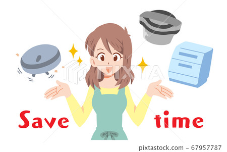 Illustration of a housewife who is happy to use convenient home appliances 67957787