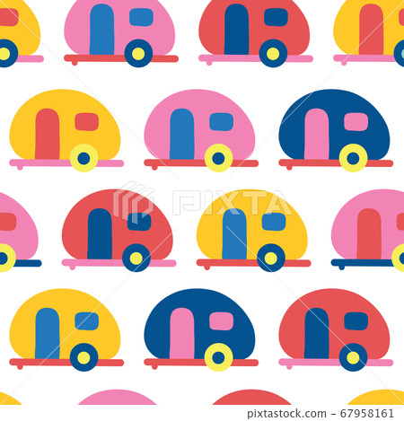 Camper van seamless vector pattern. Retro Caravans red, blue, yellow, pink seamless vector 67958161