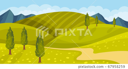 Grassy Hills and Winding Road as Green Landscape Vector Illustration Grassy Hills and Winding Road as Green Landscape Vector Illustration 67958259