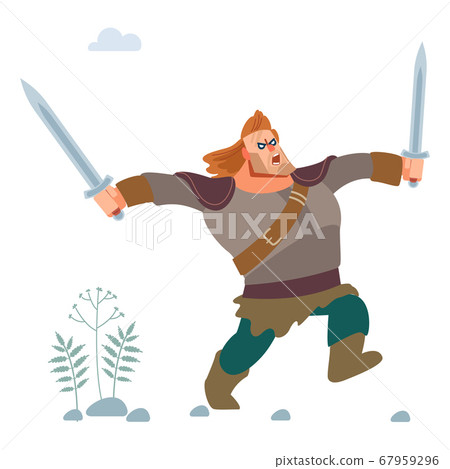 Viking. Warrior Of The North character. Medieval Viking in armor attacks with two swords. Vector isolated on white background. Flat style. 67959296