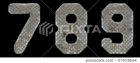 Set of numbers 7, 8, 9 made of industrial metal on black background 3d Set of numbers 7, 8, 9 made of industrial metal on black background 3d 67959694