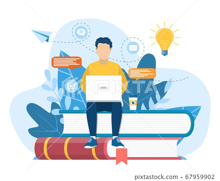 man sitting on pile of books 67959902