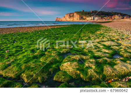 Green mossy gravel seaside at sunset in Etretat, Normandy, France Green mossy gravel seaside at sunset in Etretat, Normandy, France 67960042