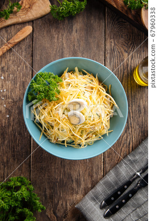 Russian salad wood grouse nest with potato chips Russian salad wood grouse nest with potato chips 67960338
