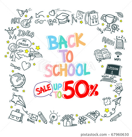 back to school stationery supply item discount doodle icons pattern background. hand drawn cartoon education sign and icon symbols isolated on white background 67960630