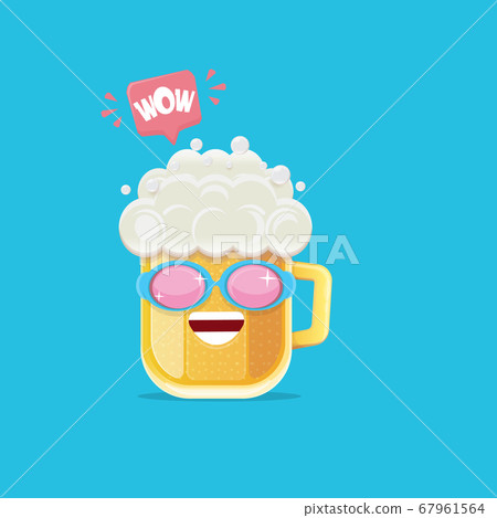 vector cartoon funky beer glass character with sunglasses isolated on blue background. Vector funny beer label or poster design template. International beer day cartoon comic poster or greeting banner 67961564