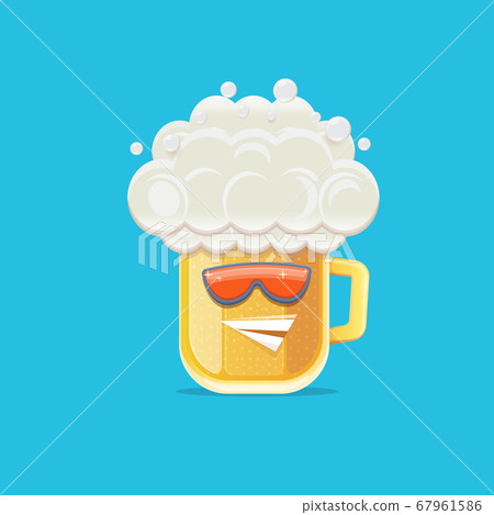 vector cartoon funky beer glass character with sunglasses isolated on blue background. Vector funny beer label or poster design template. International beer day cartoon comic poster or greeting banner 67961586