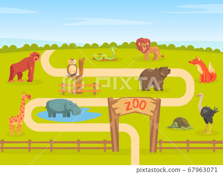 Zoo Park with Wild Animals, Natural Landscape with Wild Giraffe, Elephant, Lion, Monkey, Rhino, Turtle, Ostrich, Bear Animal Vector Illustration 67963071