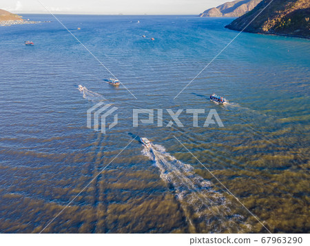 Top view of a boat sailing to the sea or river 67963290