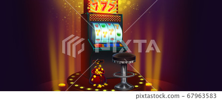 Casino hall in the dark. Slot machine on the podium. Big winning jack under the background illustrating bright colors. Casino hall in the dark. Slot machine on the podium. Big winning jack under the background illustrating bright colors. 67963583
