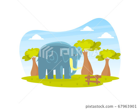 Cute Elephant on Beautiful African Landscape, Wild Animal in the Zoo or Safari Park Vector Illustration Cute Elephant on Beautiful African Landscape, Wild Animal in the Zoo or Safari Park Vector Illustration 67963901