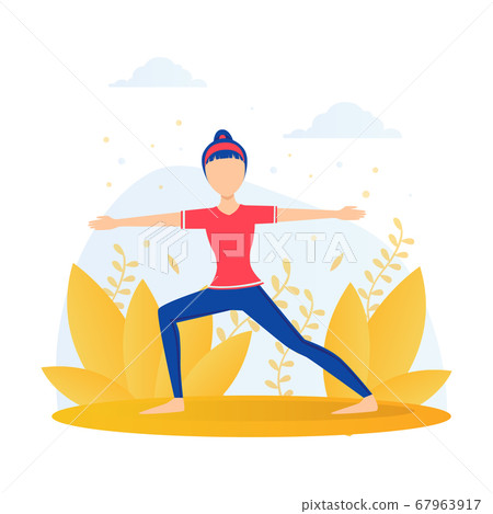Girl Doing Yoga in the Park, Young Woman Standing in Warrior Pose During Morning Physical Workout Flat Vector Illustration 67963917