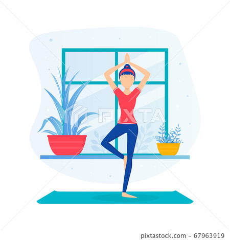 Girl Doing Yoga, Young Woman Standing in Tree Pose During Morning Physical Workout Flat Vector Illustration 67963919