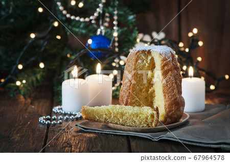 Christmas cake panetone on the wooden table 67964578
