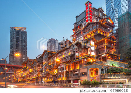 Chongqing, China at Hongyadong  at Twilight 67966018