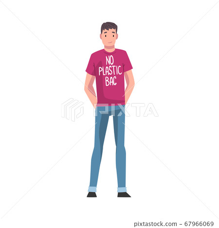 Young Man in T-shirt with No Plastic Bag Inscription, Male Eco Friendly Character, Zero Waste, Protection of Environment Concept Vector Illustration 67966069