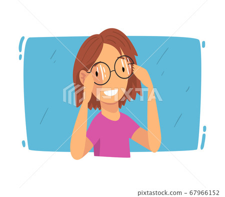 Smiling Girl Trying On Glasses, Ophthalmology Diagnostics, Vision Correction Cartoon Vector Illustration 67966152