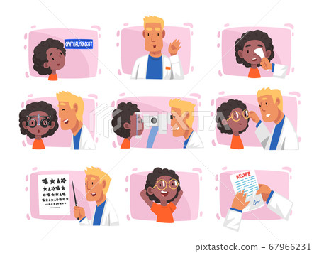 Ophthalmology Diagnostics, Male Ophthalmologist Doctor Examining Patient Eyesight, Vision Correction, Medical Treatment and Healthcare Cartoon Vector Illustration 67966231