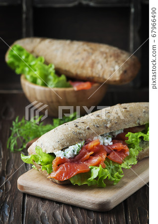 Healthy sandwich with cheese and salmon 67966490