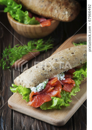 Healthy sandwich with cheese and salmon 67966492
