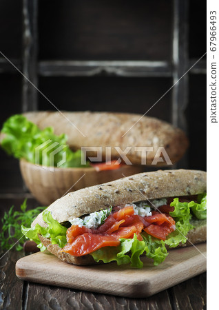 Healthy sandwich with cheese and salmon 67966493
